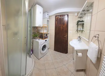 a bathroom with a washing machine and a sink at Holiday Home Emaj with Sauna in Krška Vas