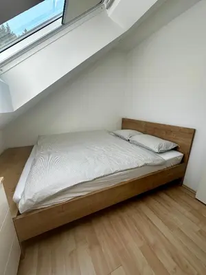 a bed in a small room with a window at Apartment and rooms Špes in Mislinja