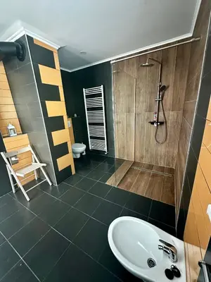 a bathroom with a sink and a shower and a toilet at Apartment and rooms Špes in Mislinja