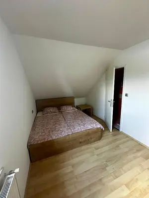 a bedroom with a bed and a wooden floor at Apartment and rooms Špes in Mislinja
