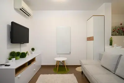 a living room with a couch and a flat screen tv at Central Castle Apartments in Ljubljana