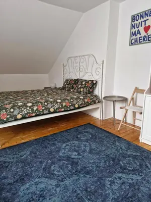 a bedroom with a bed with a blue rug at Apartma Nara in Ljubljana