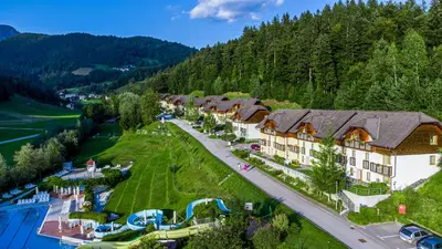 an aerial view of a resort in the mountains at Appartments Vrba, Terme Snovik in Laze v Tuhinju