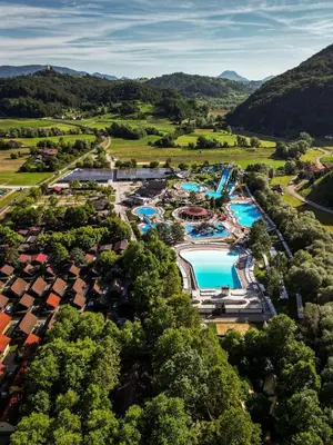 an aerial view of a resort with a swimming pool at Apartment Romeo & Julija, Near terme Olimia, Free Parking in Podčetrtek