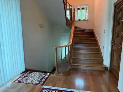 a staircase in a home with a rug on the floor at Vila Majda Elegant Apartments with Prime Location and Parking in Ljubljana