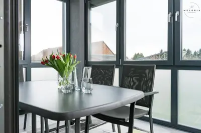 a table with chairs and a vase of flowers on it at Meloria Apartments in Veržej