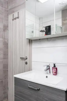 a white bathroom with a sink and a shower at Meloria Apartments in Veržej