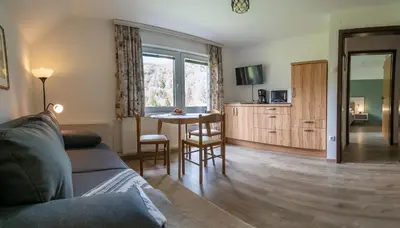 a living room with a couch and a table at Apartment Šporar in Bohinj