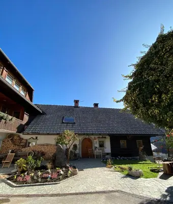 a house with a black roof with a courtyard at Apartmaji Katrnjek in Bohinj