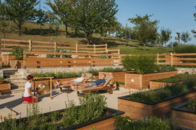 a group of people sitting on benches in a garden at HERBALIJA Apartment Herbalija - sorrounded by Nature in Podčetrtek