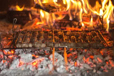 a grill with a bunch of fire in a fireplace at Log cabin Silec in Šmarje pri Jelšah