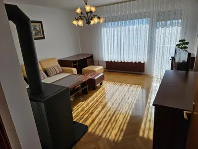a living room with a wood stove and a couch at Apartment Josipina in Preddvor