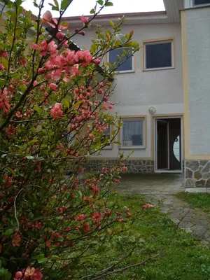 a house with pink flowers in front of it at Apartmaji in sobe Kocjančič in Podčetrtek