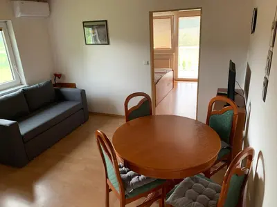 a living room with a table and a couch at Apartmaji in sobe Kocjančič in Podčetrtek