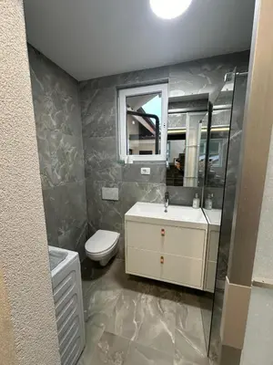 a bathroom with a sink and a toilet and a mirror at Karlovška Duplex Urban Apartment in Ljubljana