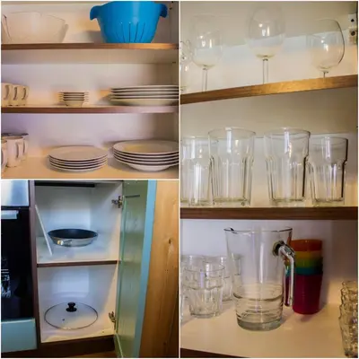 three pictures of empty glasses and plates on shelves at Kmetija Na Čendavš in Cerkno