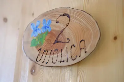 a wooden sign on a wall with blue flowers on it at Kmetija Na Čendavš in Cerkno