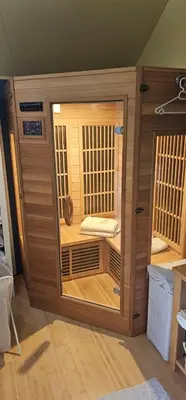 a large wooden sauna in a room at Apartment ZOI in Ptuj