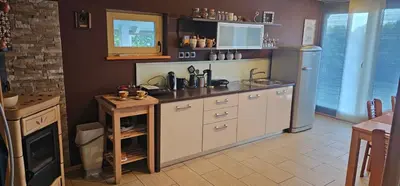 a kitchen with a sink and a refrigerator at Apartment ZOI in Ptuj