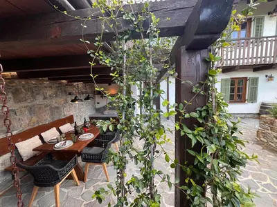 a patio with a wooden table and chairs and vines at Rural Family Escape in Vipava