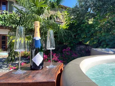 a bottle of wine and two glasses on a table next to a swimming pool at Rural Family Escape in Vipava