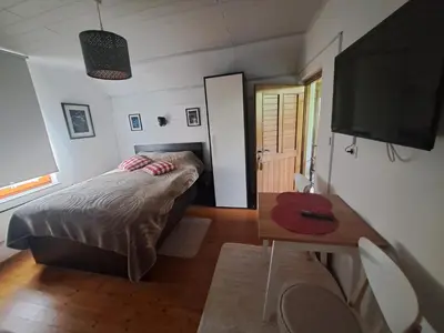 a bedroom with a bed and a table and a television at Hiška Janko in Metka in Ptuj
