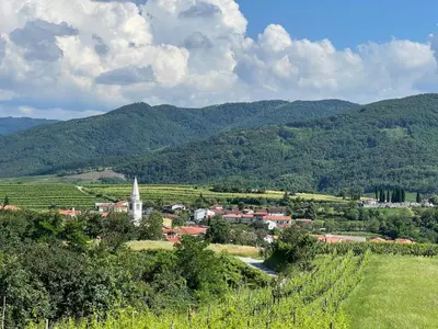 a town in the middle of a valley with mountains at Tranquil Escape in Vipava