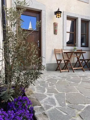 a patio with a table and flowers in front of a house at Tranquil Escape in Vipava