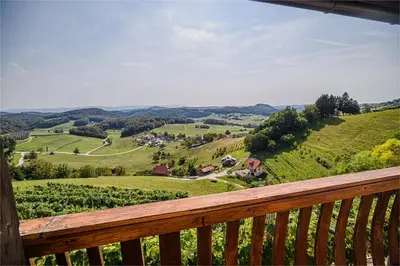 a view of a valley from a wooden balcony at Holiday Home Sunny at vineyard in Veliki Kamen