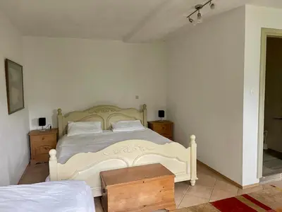 a bedroom with a white bed and a wooden table at Hisa Pelance in Tolmin