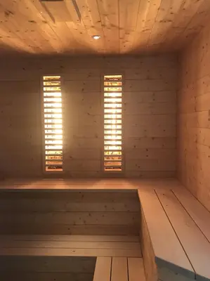 an empty room with two windows in a sauna at PAVI APARTMENTS River Estate Krka in Krka