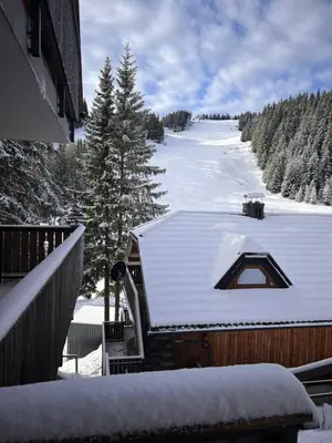 a view of a snow covered roof of a house at Alpine Escape Golte Apartment in Mozirje