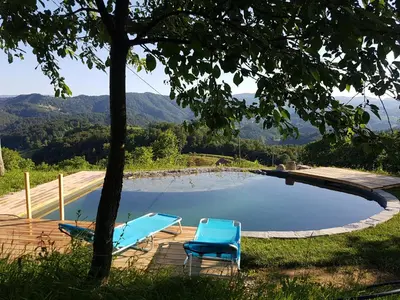 two blue chairs sitting next to a swimming pool at Holiday Home Sonnenhaus in Svečina