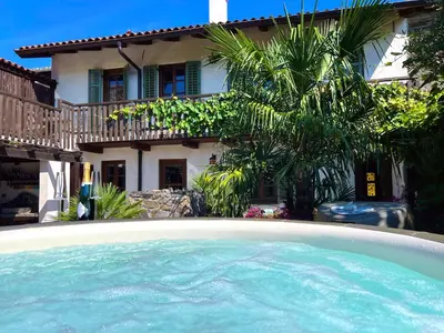 a large swimming pool in front of a house at Historic Wine-Stone House in Vipava