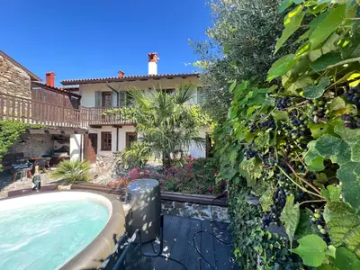 a backyard with a swimming pool and a house at Historic Wine-Stone House in Vipava