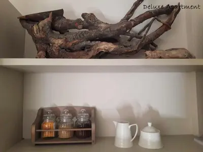 a shelf with a tree branch and jars on it at Apartment Villa Carolina in Kranjska Gora