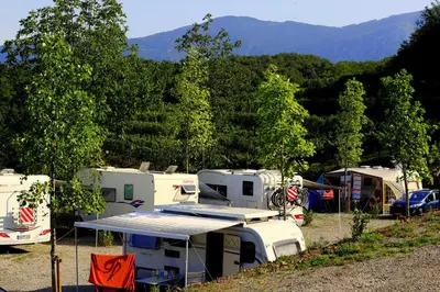 a group of rvs parked in a parking lot at Saxida Wine & Camping Resort Pitches in Dornberk