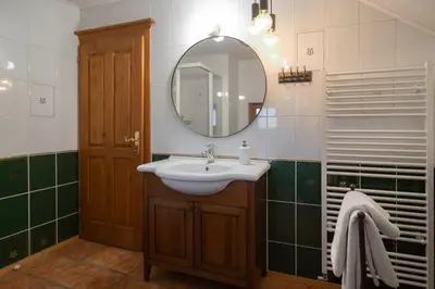 a bathroom with a sink and a mirror at Chalet Zala in Kranjska Gora