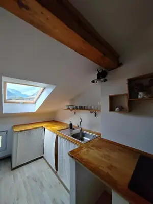 a small kitchen with a sink and a window at Apartma SOFIA in Tolmin