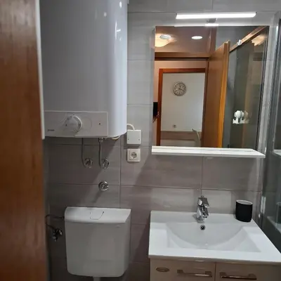 a bathroom with a toilet and a sink and a mirror at Bohinj Planika J2 in Bohinj