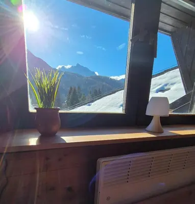 a window with a plant and a lamp on a desk at Suita 305 in Kranjska Gora