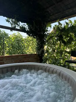 a jacuzzi tub in a backyard at Hiška pri Paulu in Dobrovnik