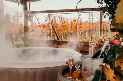 a bath tub with a bottle of wine and glasses at Hiška pri Paulu in Dobrovnik
