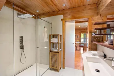a bathroom with a shower and a glass shower stall at Wellness Chalet close to Ljubljana in Rakitna