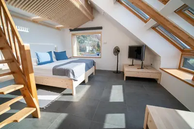 a bedroom with a bed and a television in it at eco boutique hotel AMS Beagle in Bled