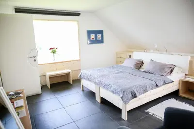 a bedroom with a bed and a window at eco boutique hotel AMS Beagle in Bled