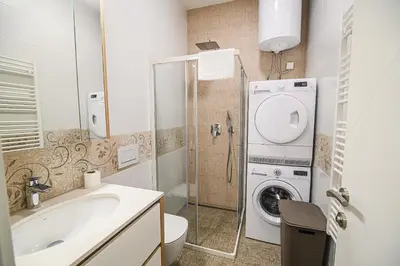 a bathroom with a sink and a washing machine at Apartment Gorski Raj in Kranjska Gora