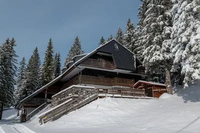 a log cabin in the snow with trees at Old House - Krvavec ski resort in Cerklje na Gorenjskem