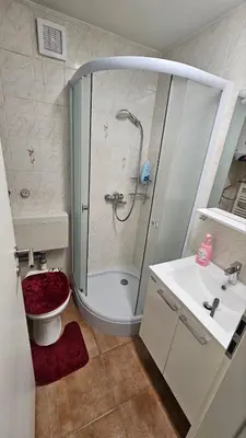 a bathroom with a shower and a toilet and a sink at App DA-LI SPORT KOPE in Slovenj Gradec