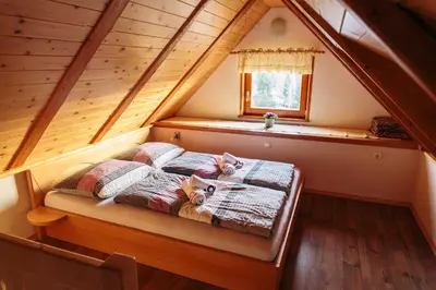 a bedroom with a bed in a attic at Holiday house Pokrovec - Bohinj in Bohinj